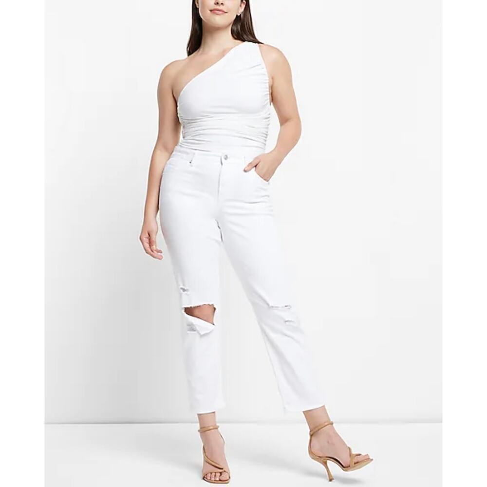 Express Woman White Mid Rise Ripped Boyfriend Jeans, Size 10R